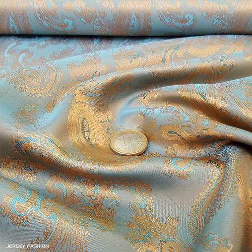 Taffeta jacquard (lining) paisley cyan blue - gold | Remnant piece 168cm